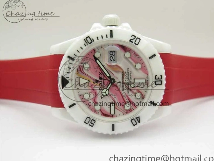 0123 WrinkleFree Submariner 40mm White Ceramic 5GF Best Edition White Red Dial on Red Rubber Strap SA 2485